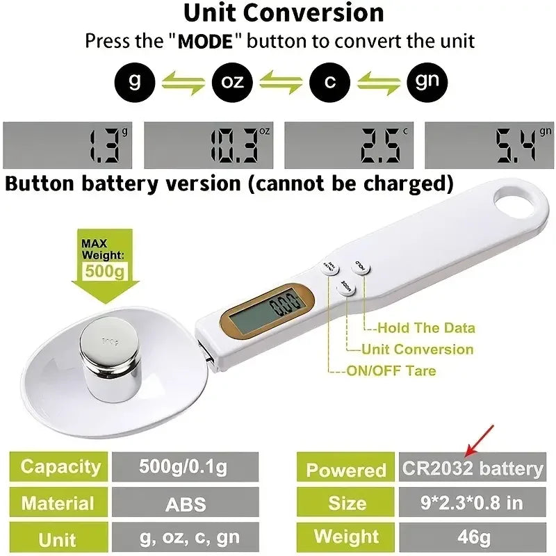 Precision Digital Kitchen Spoon Scale - 500g Capacity, 0.1g Accuracy